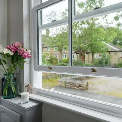 White Wooden Sash Window in Open Position